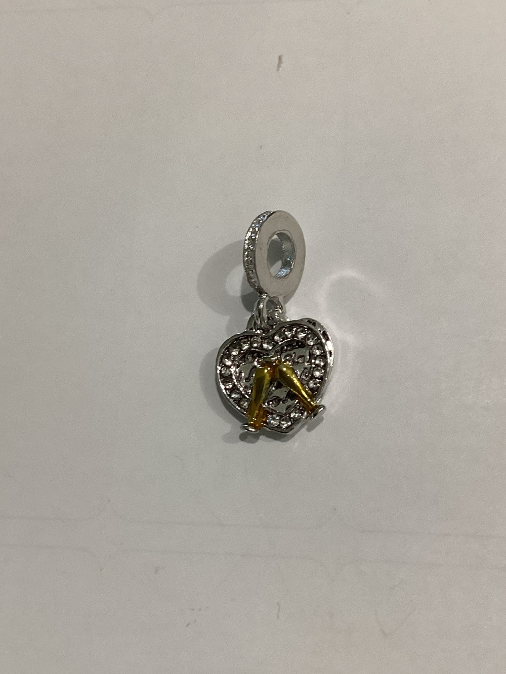 Silver Heart Charm Pendant with Gold Accent and Clear Stones